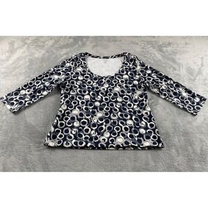 Madison Organics Navy Blue Geometric Circle Print 3/4 Sleeve Scoop Neck Top L